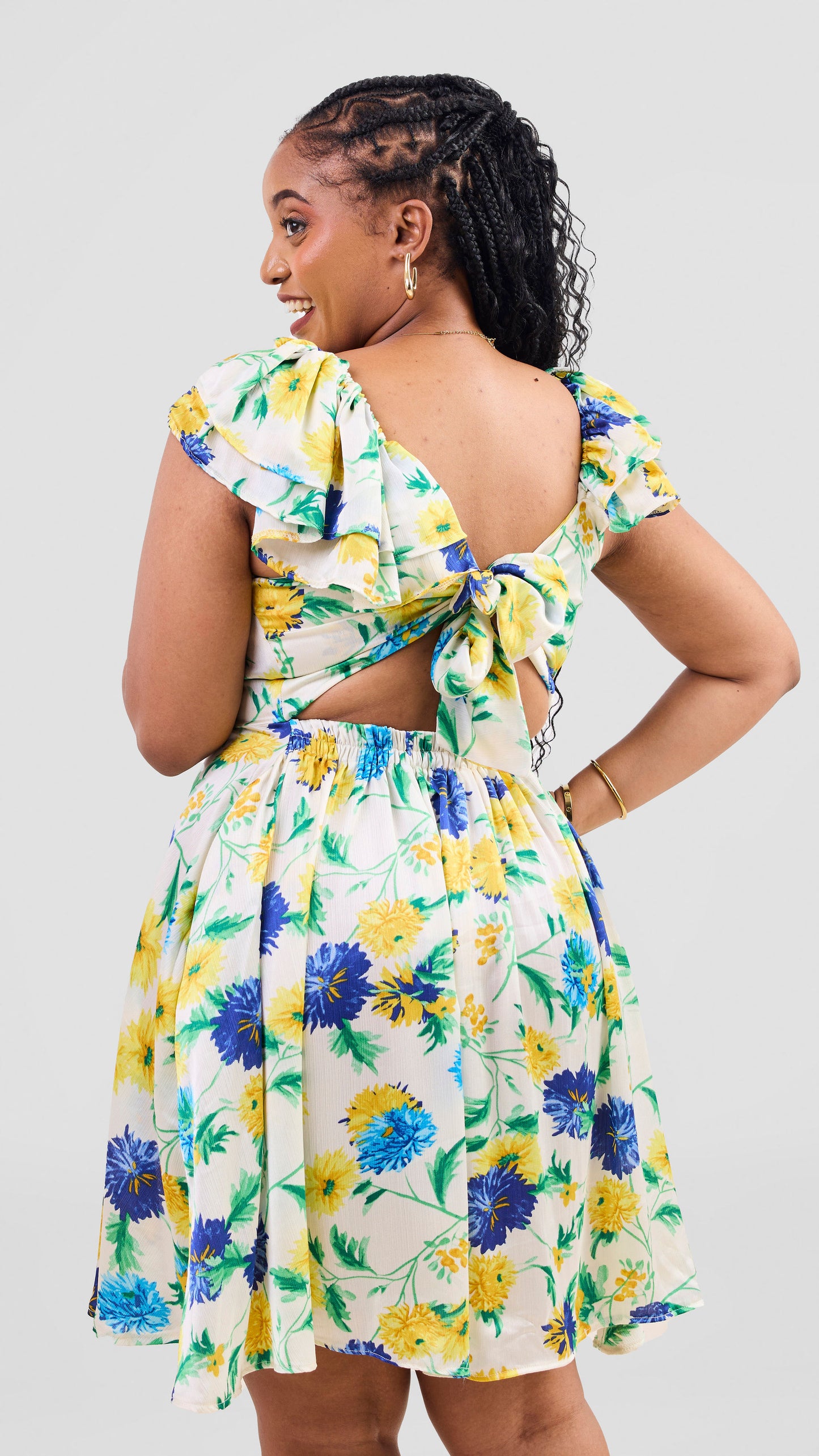 Enzi cream and blue flowery knee length dress