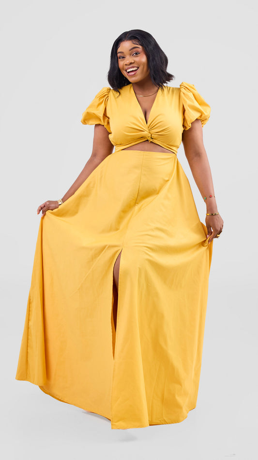 Yellow front-twist maxi dress