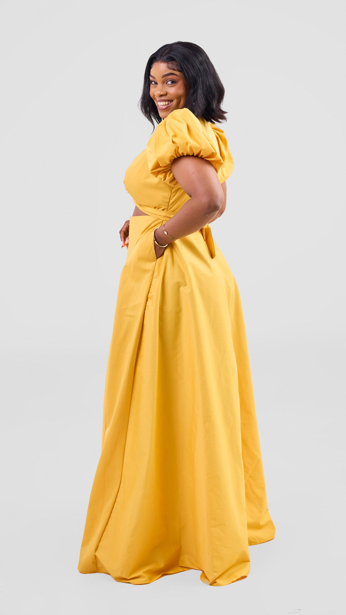 Yellow front-twist maxi dress