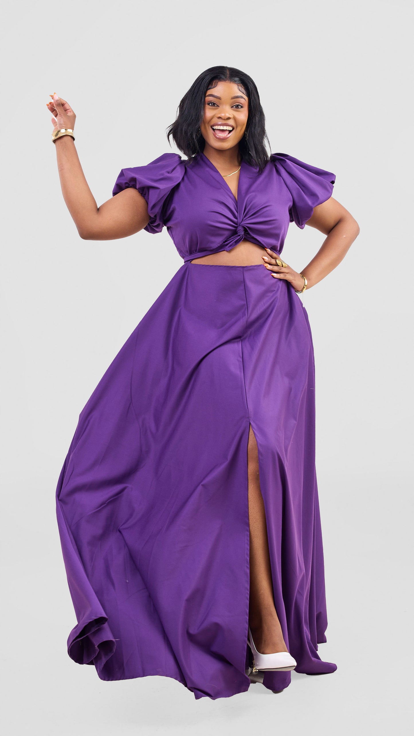 Purple front twist maxi dress