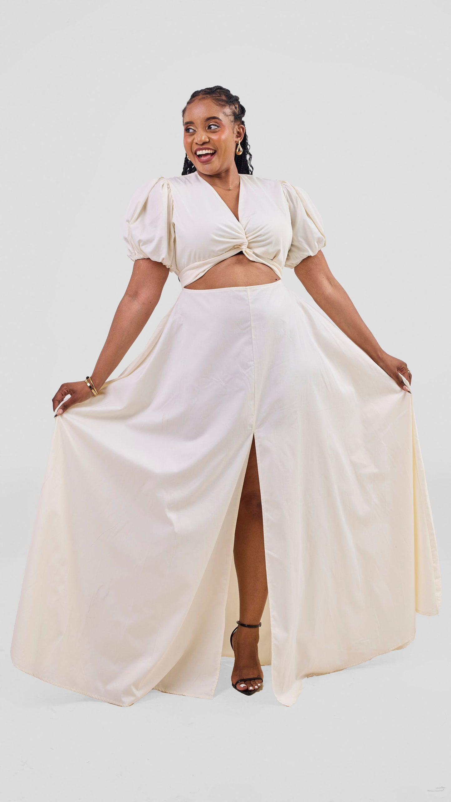 coral white front-twist maxi dress