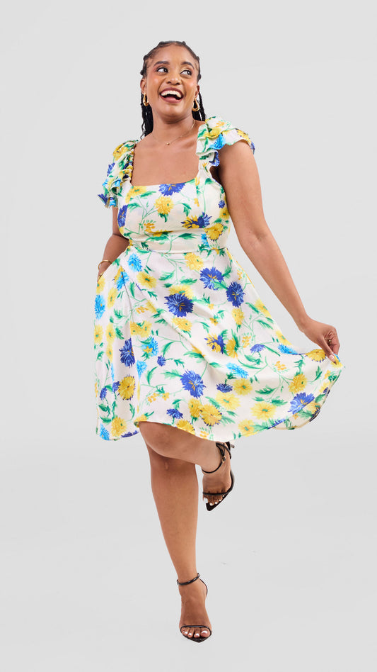 Enzi cream and blue flowery knee length dress